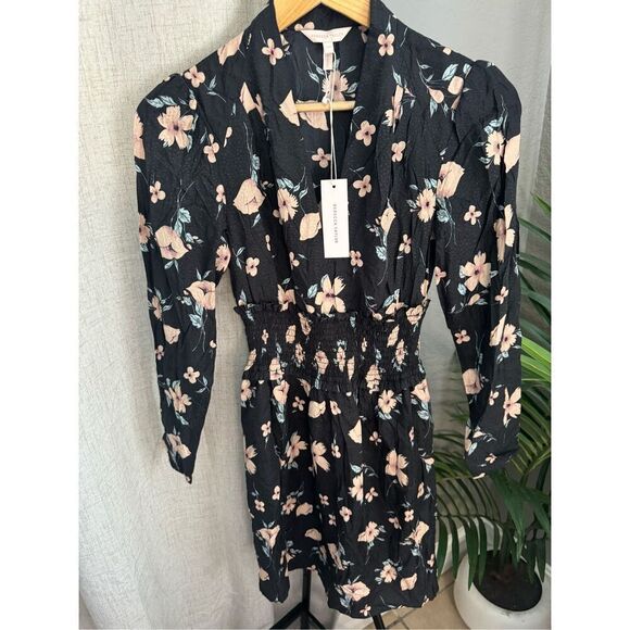 Rebecca Taylor Dress 00 Daniella Black Pink Floral Print Women’s Silk NWT - Picture 2 of 8